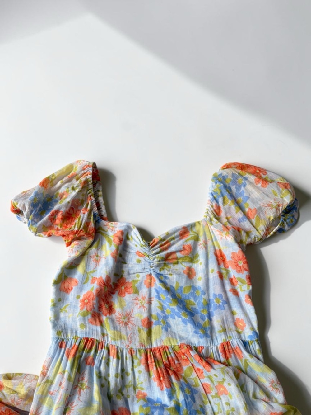 Billabong Maxi Dress Orange & Blue Floral Cotton Puff Sleeve - Picture 12 of 15